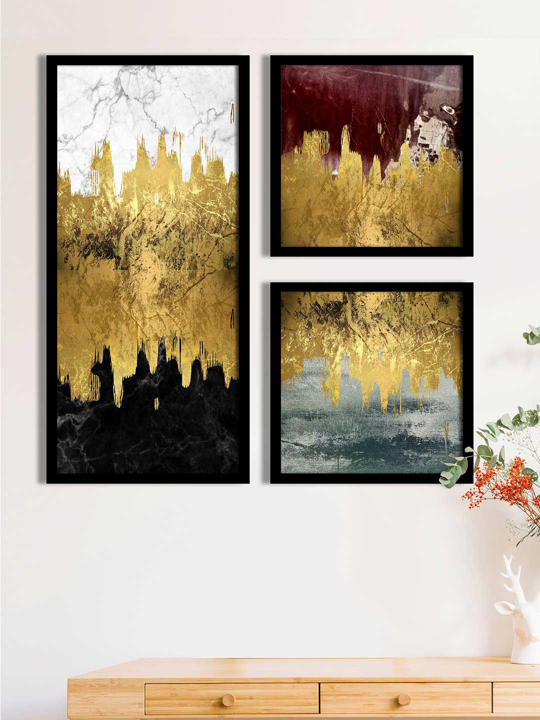 Art Street Set Of 3 Gold-Toned & Black Abstract Waves Wall Art Price in India