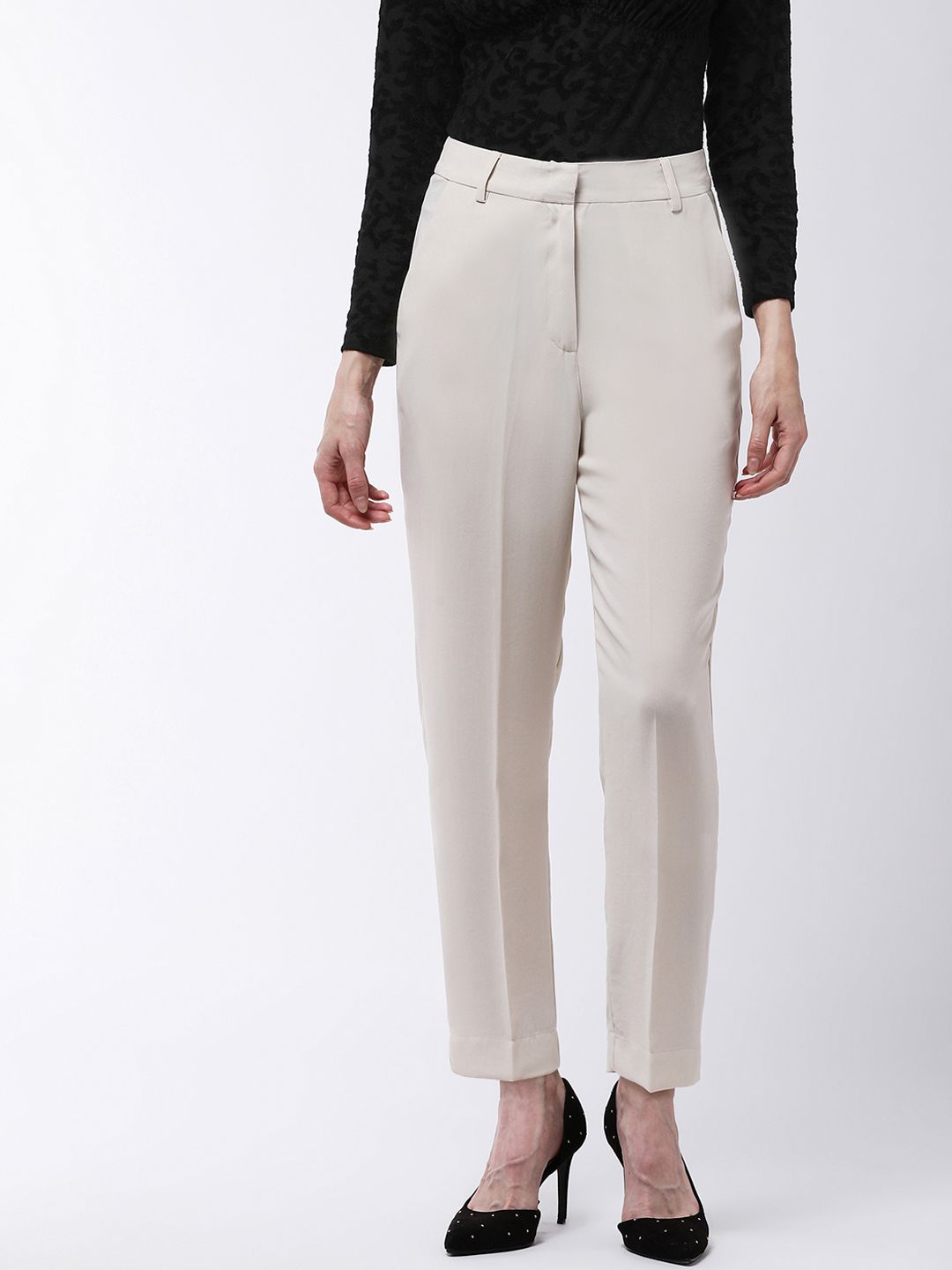 MAGRE Women Off-White Slim Fit Solid Regular Trousers Price in India