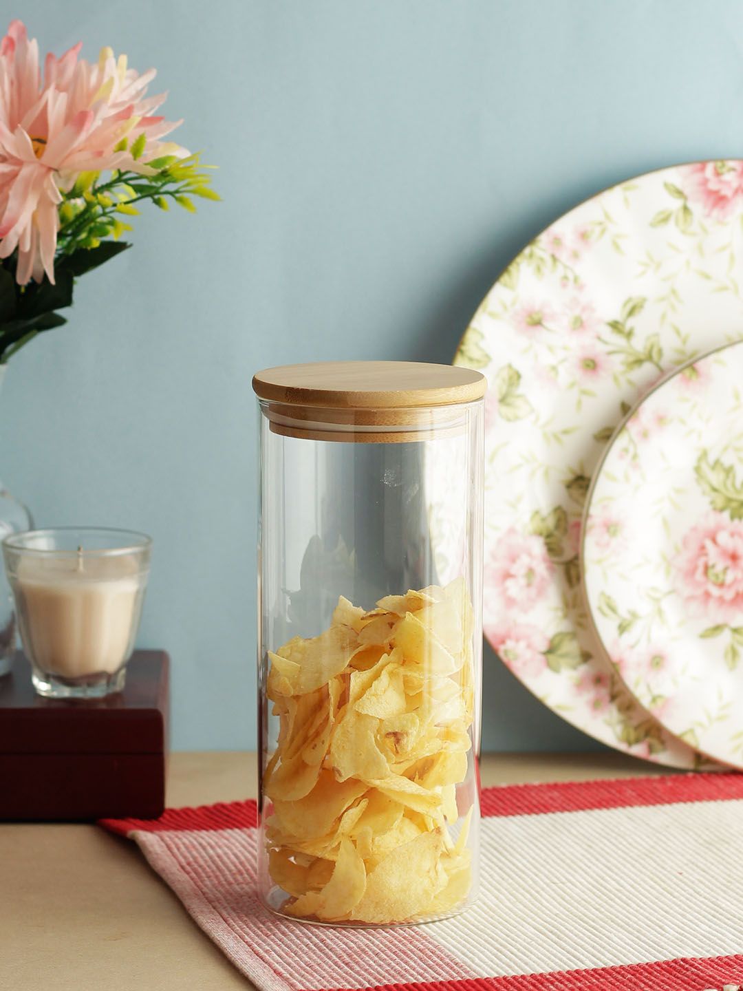 INCRIZMA Transparent & Bege Solid Glassware Airtight Glass Storage Jar With Bamboo Lid Price in India