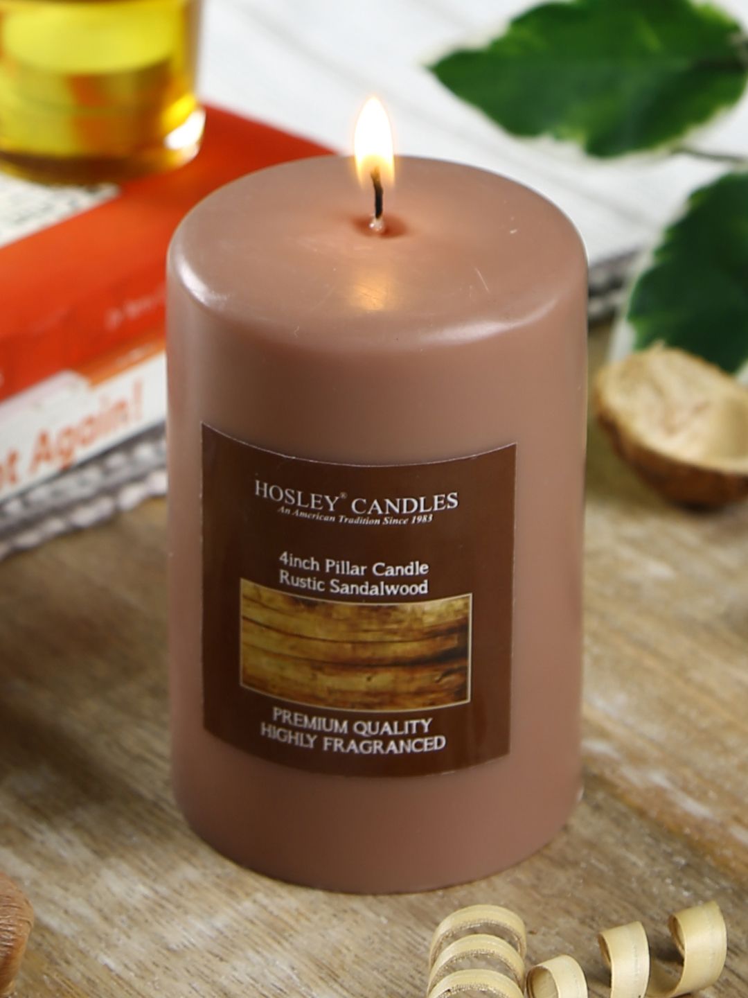HOSLEY Brown Rustic Sandalwood Highly Fragranced 4inch Pillar Candle Price in India