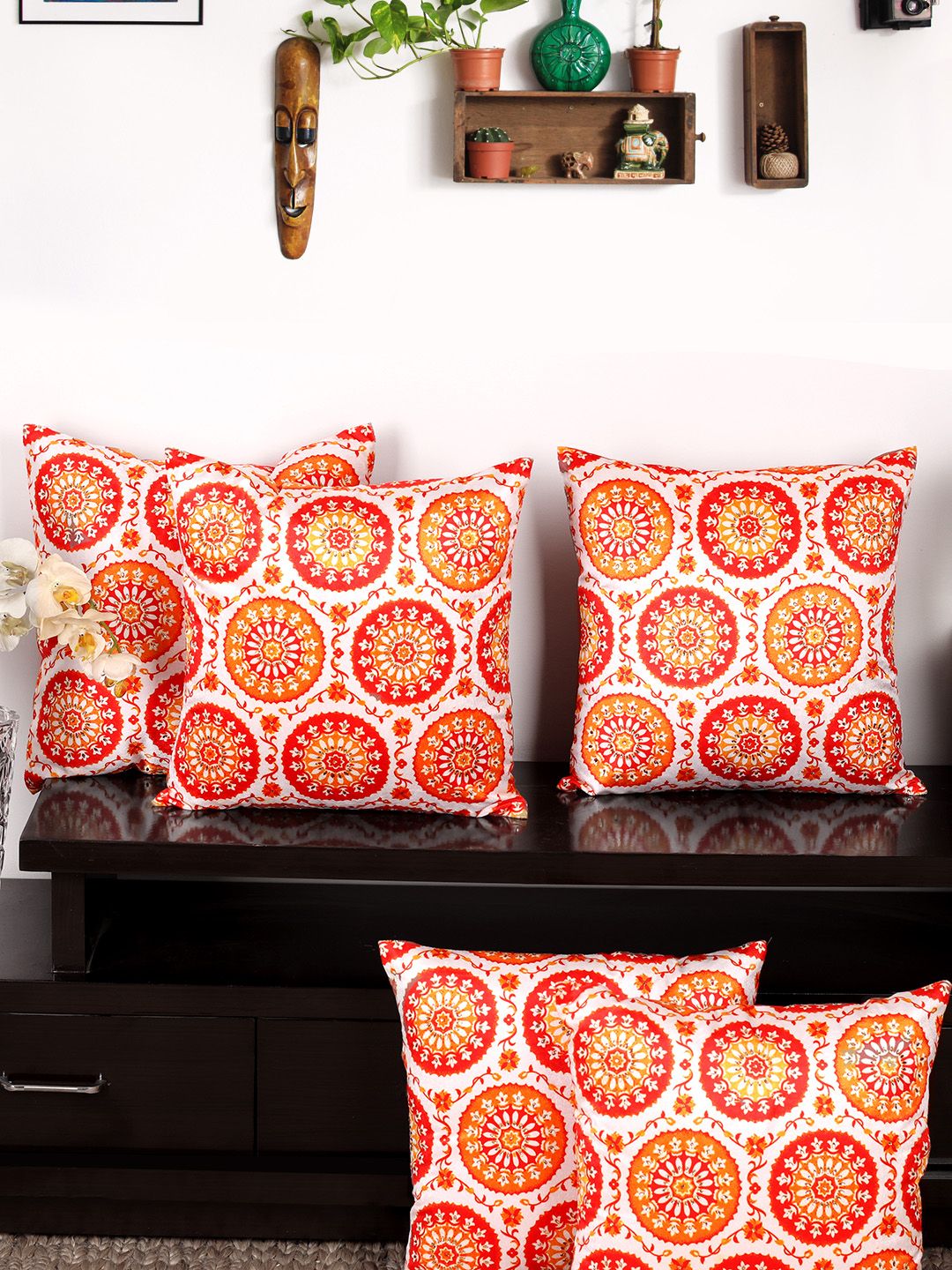 NISRAG HOME Orange & Off-White Set of 5 Ethnic Motifs Square Cushion Covers Price in India
