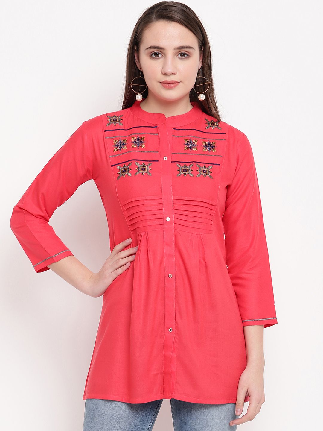 Vbuyz Women's Pink & Yellow Embroidered Tunic Price in India