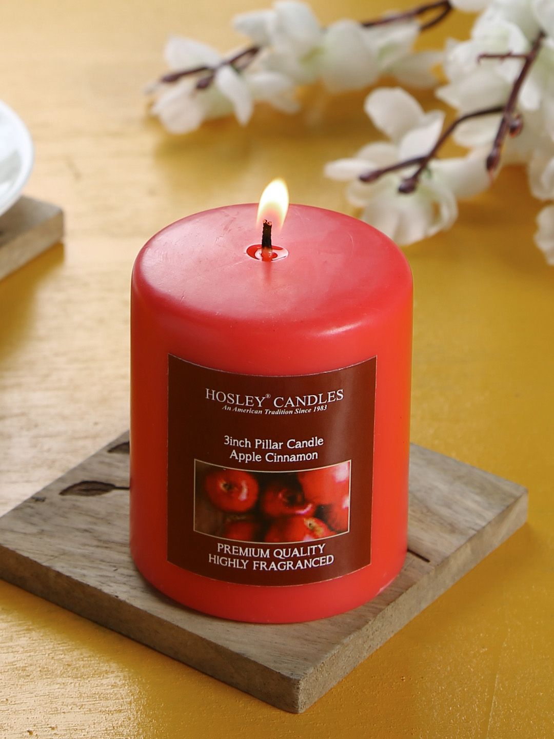 HOSLEY Red Solid Apple Cinnamon Highly Fragranced 3inch Pillar Candle Price in India