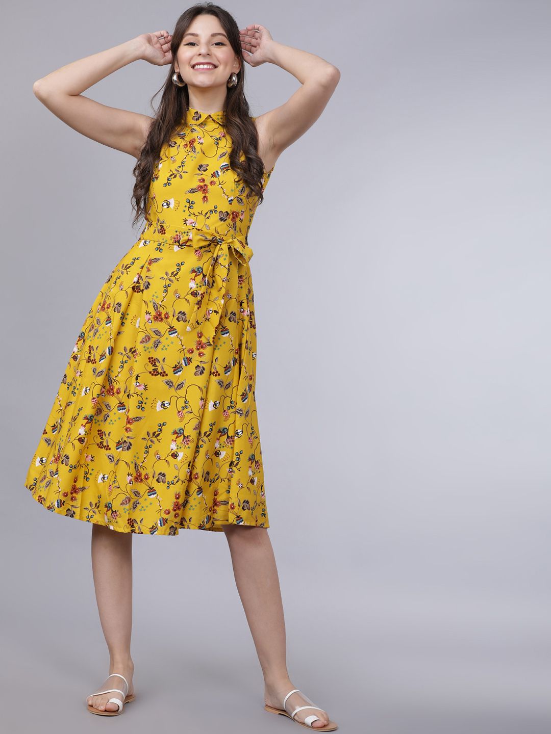 Tokyo Talkies Women Yellow Printed Fit and Flare Dress