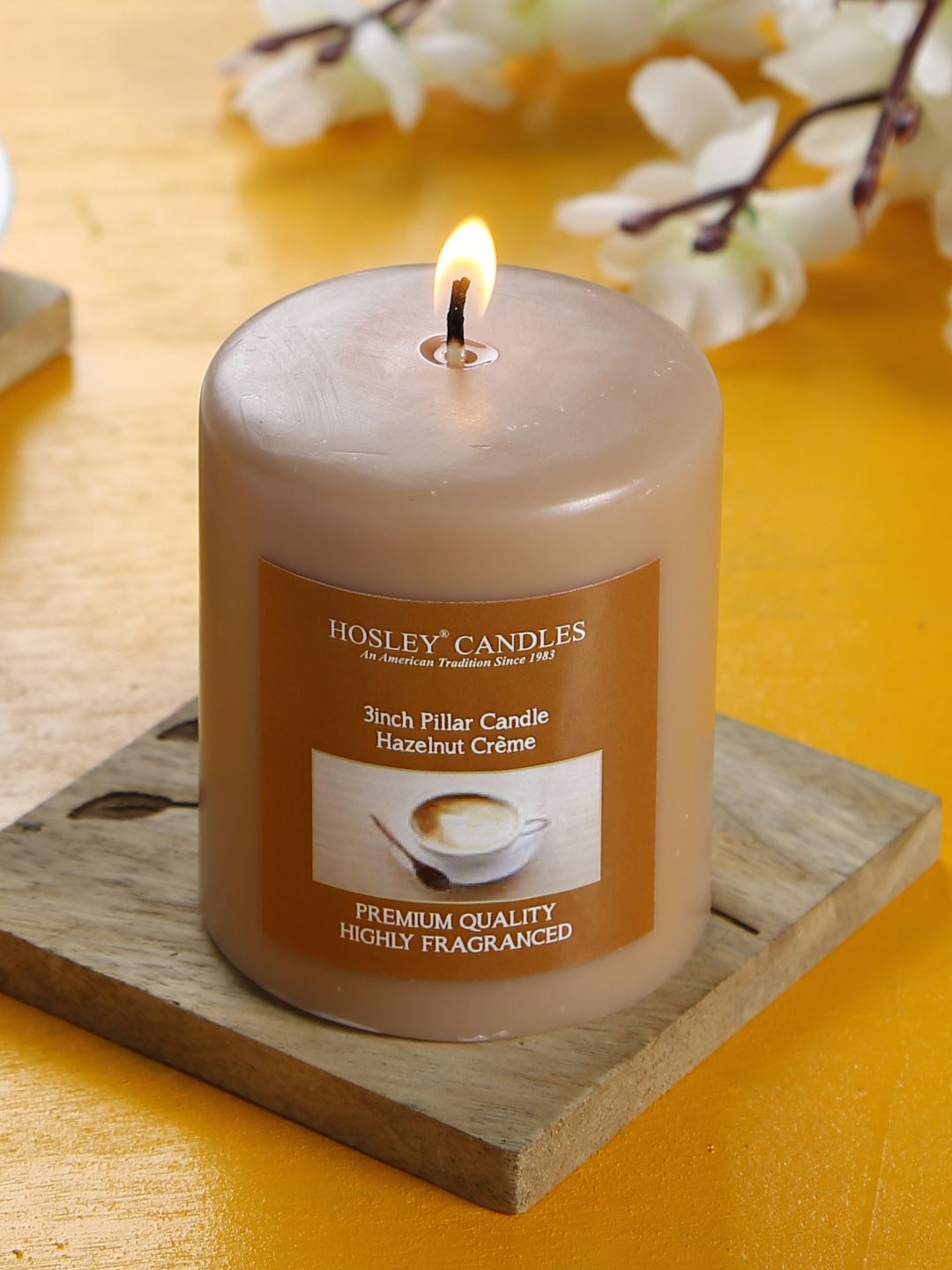 HOSLEY Brown Hazelnut Creme Highly Fragranced 3inch Pillar Candle Price in India