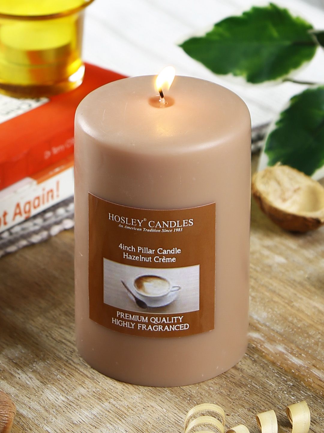 HOSLEY Brown Hazelnut Creme Highly Fragranced 4inch Pillar Candle Price in India