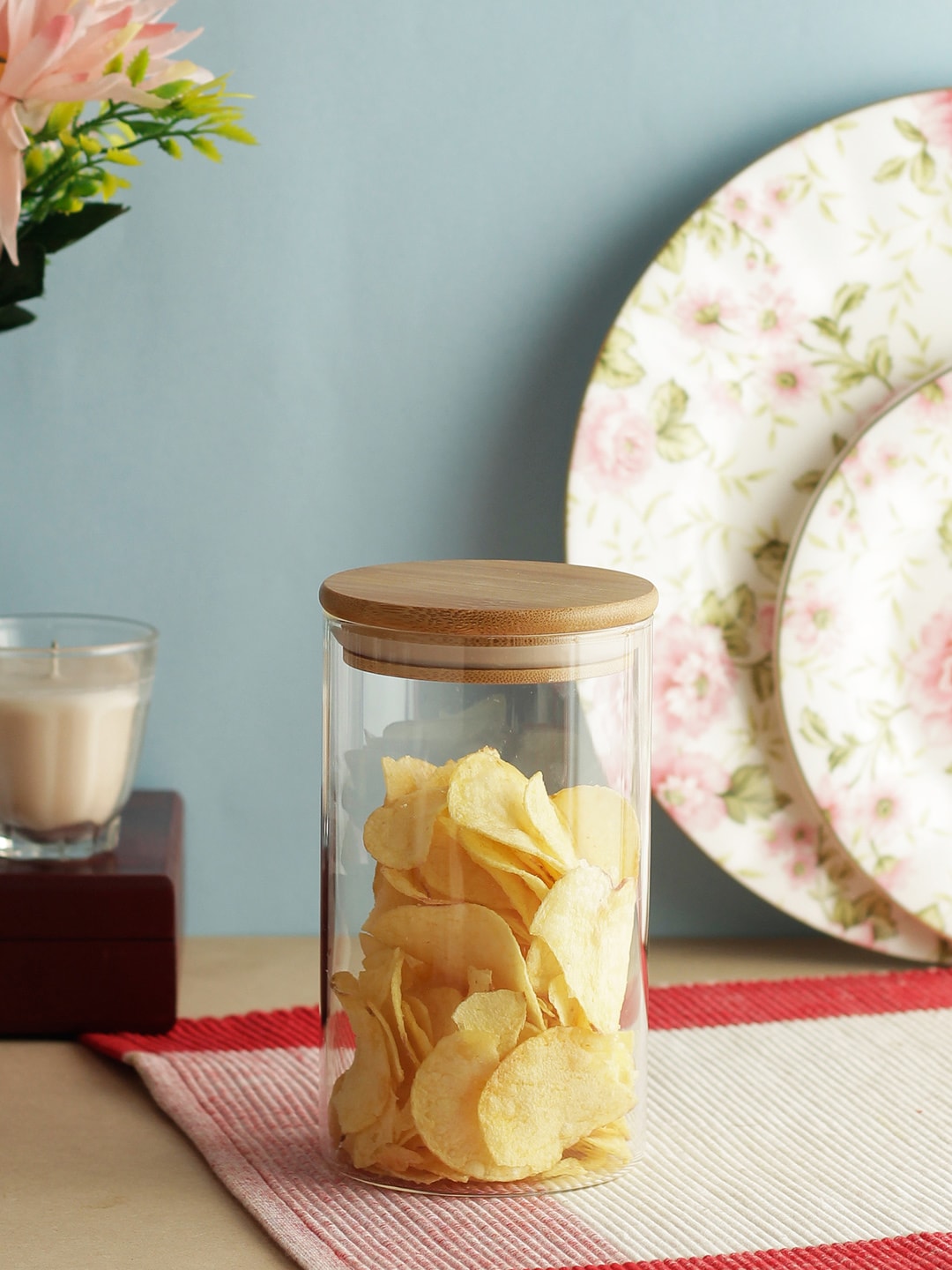 INCRIZMA Transparent & Brown Glassware Airtight Glass Storage Jar with Bamboo Lid Price in India
