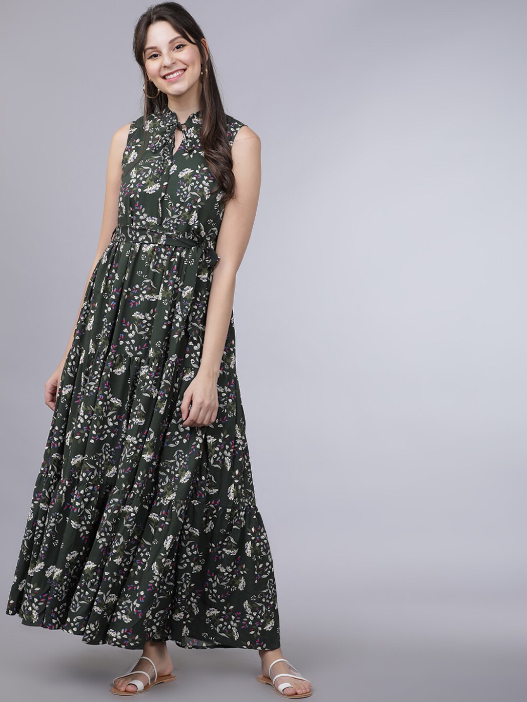 Tokyo Talkies Women Olive Green & Off-White Printed Maxi Dress Price in India