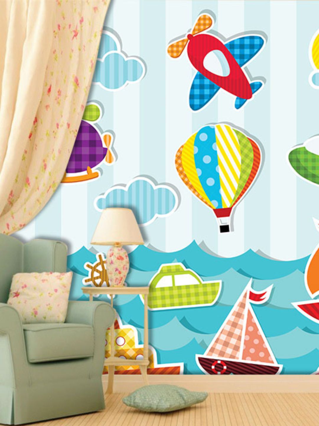 PAPER PLANE DESIGN Blue & Yellow Cartoon Characters Waterproof Vinyl Wallpaper Price in India