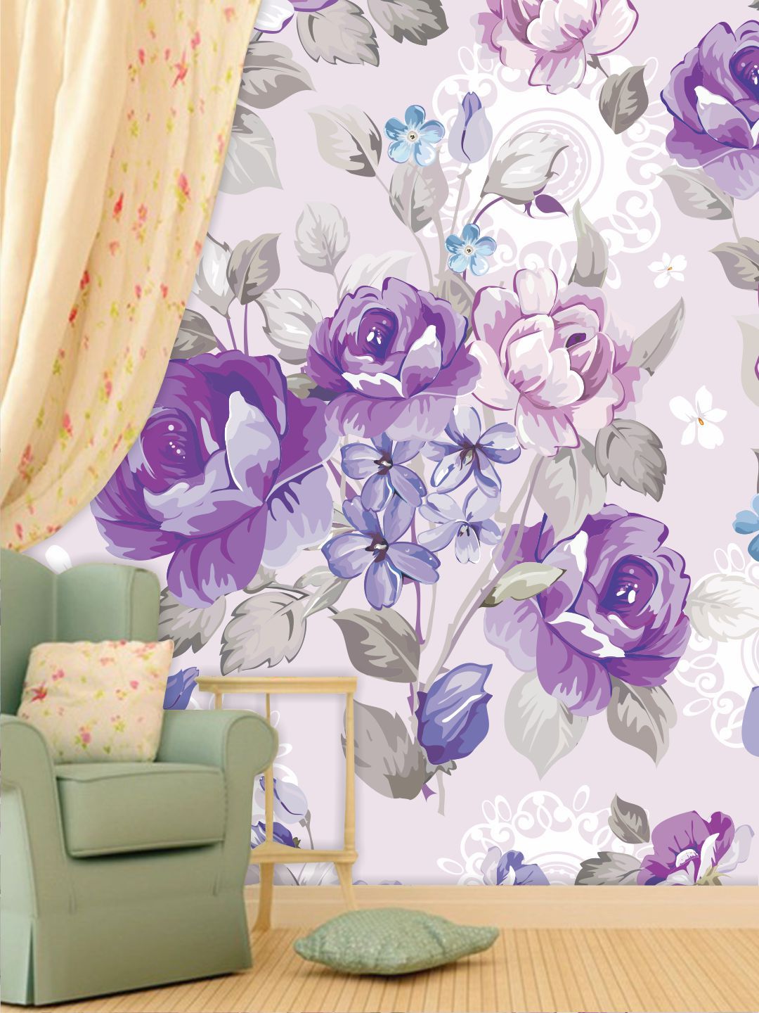 PAPER PLANE DESIGN Purple & Blue Floral Printed Waterproof Vinyl Wallpaper Price in India