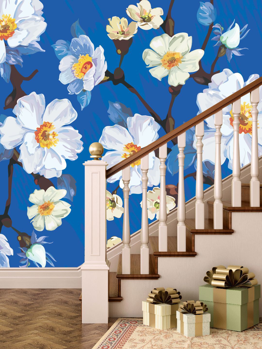 PAPER PLANE DESIGN Blue & White Floral Waterproof Vinyl Wallpaper Price in India