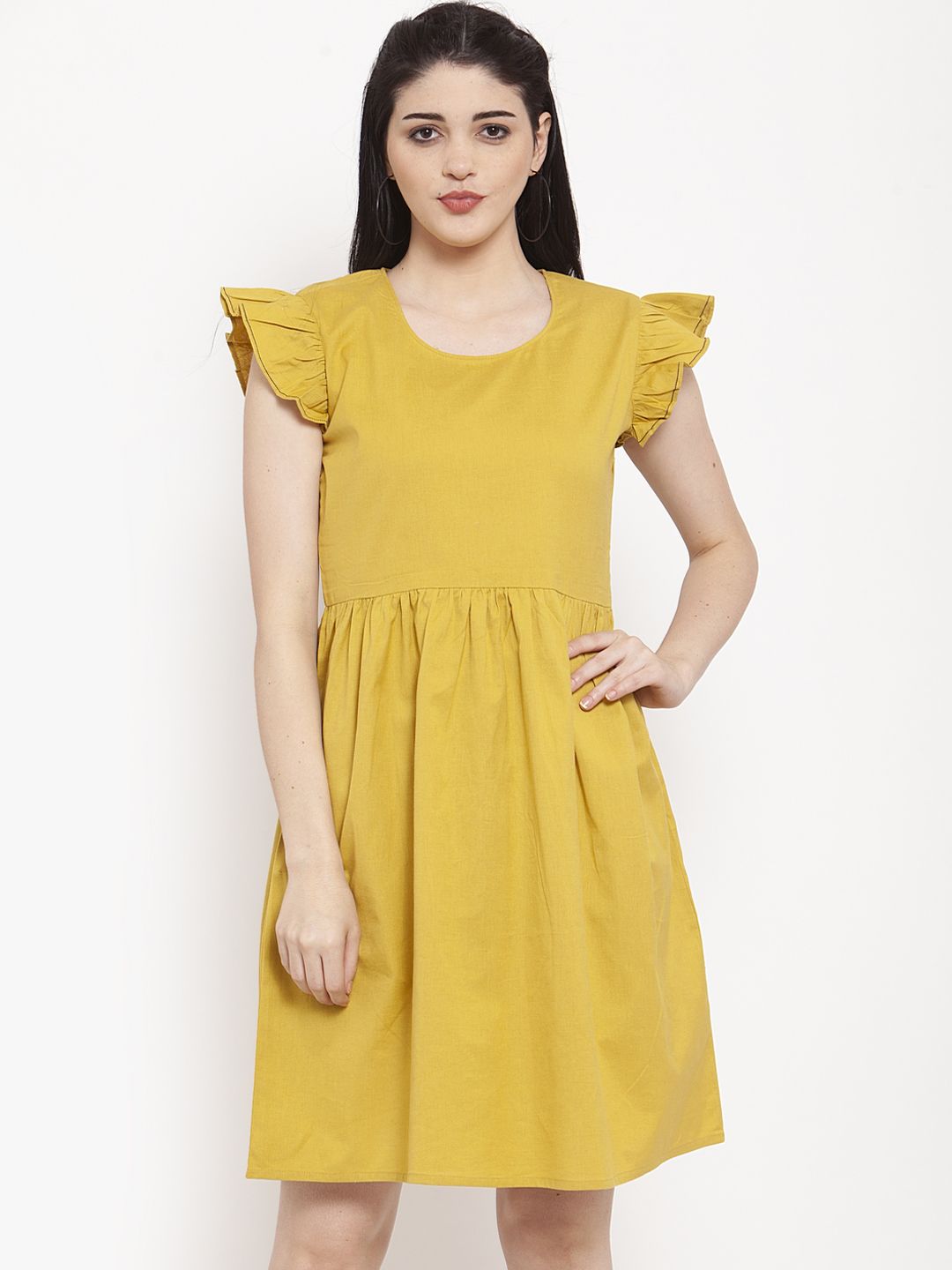 ANAISA Women Mustard Yellow Solid A-Line Dress Price in India