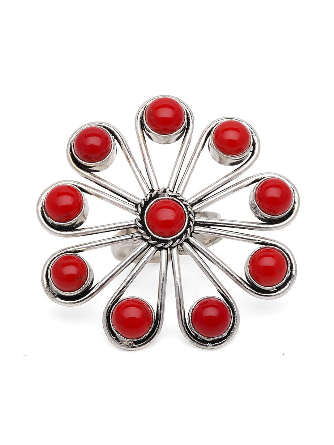 Fabstreet Silver-Plated Red Stone-Studded Floral-Shaped Handcrafted Cocktail Ring Price in India