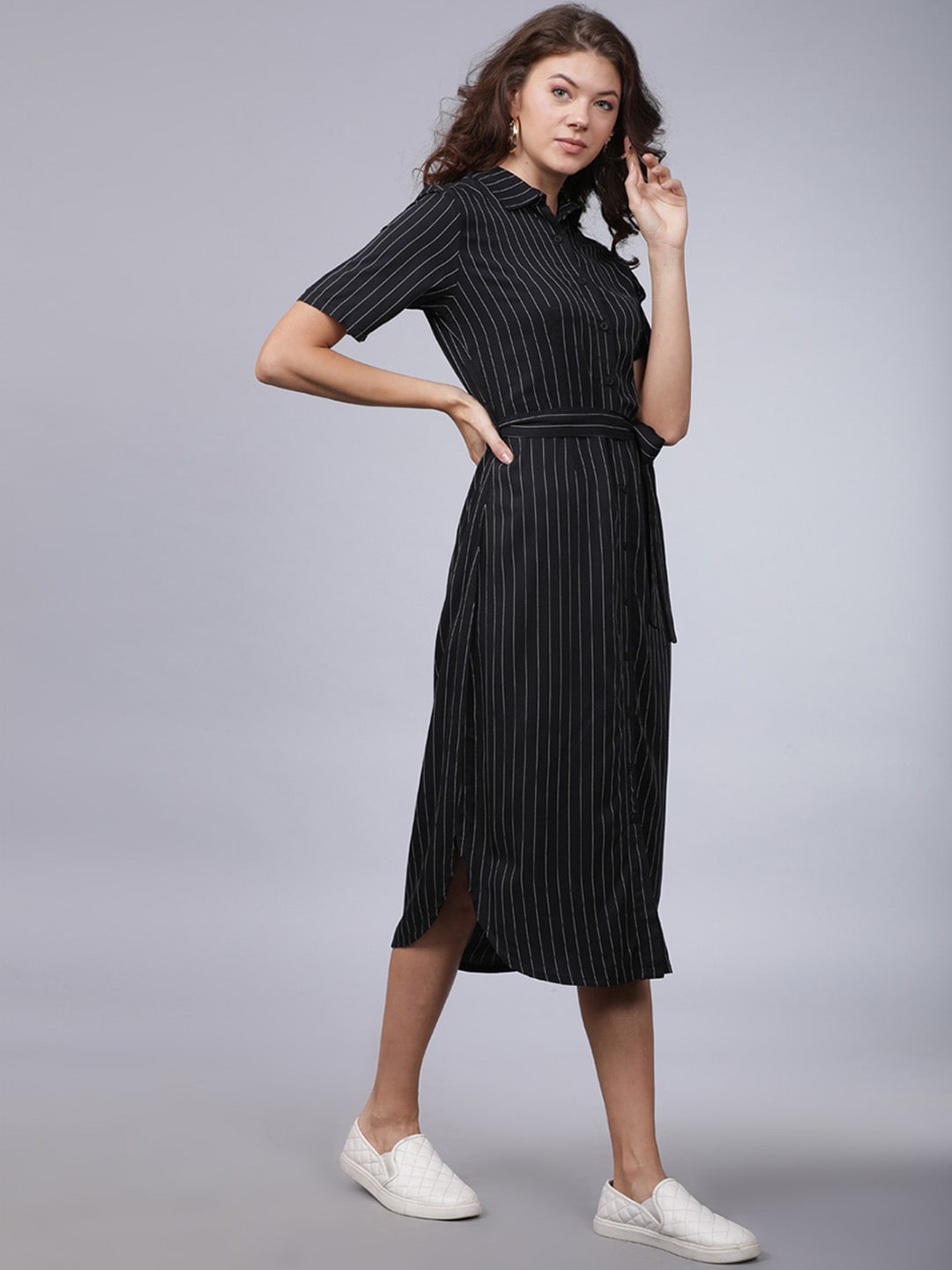 Tokyo Talkies Women Black Striped Shirt Dress Price in India