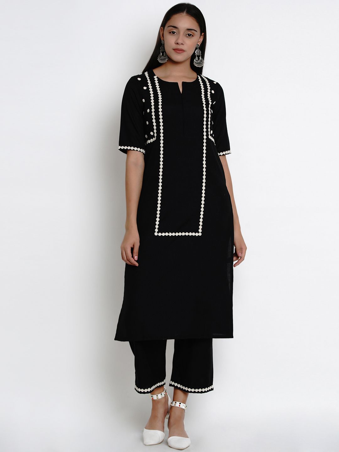 Bhama Couture Women Black & White Embroidered Kurta with Palazzos Price in India