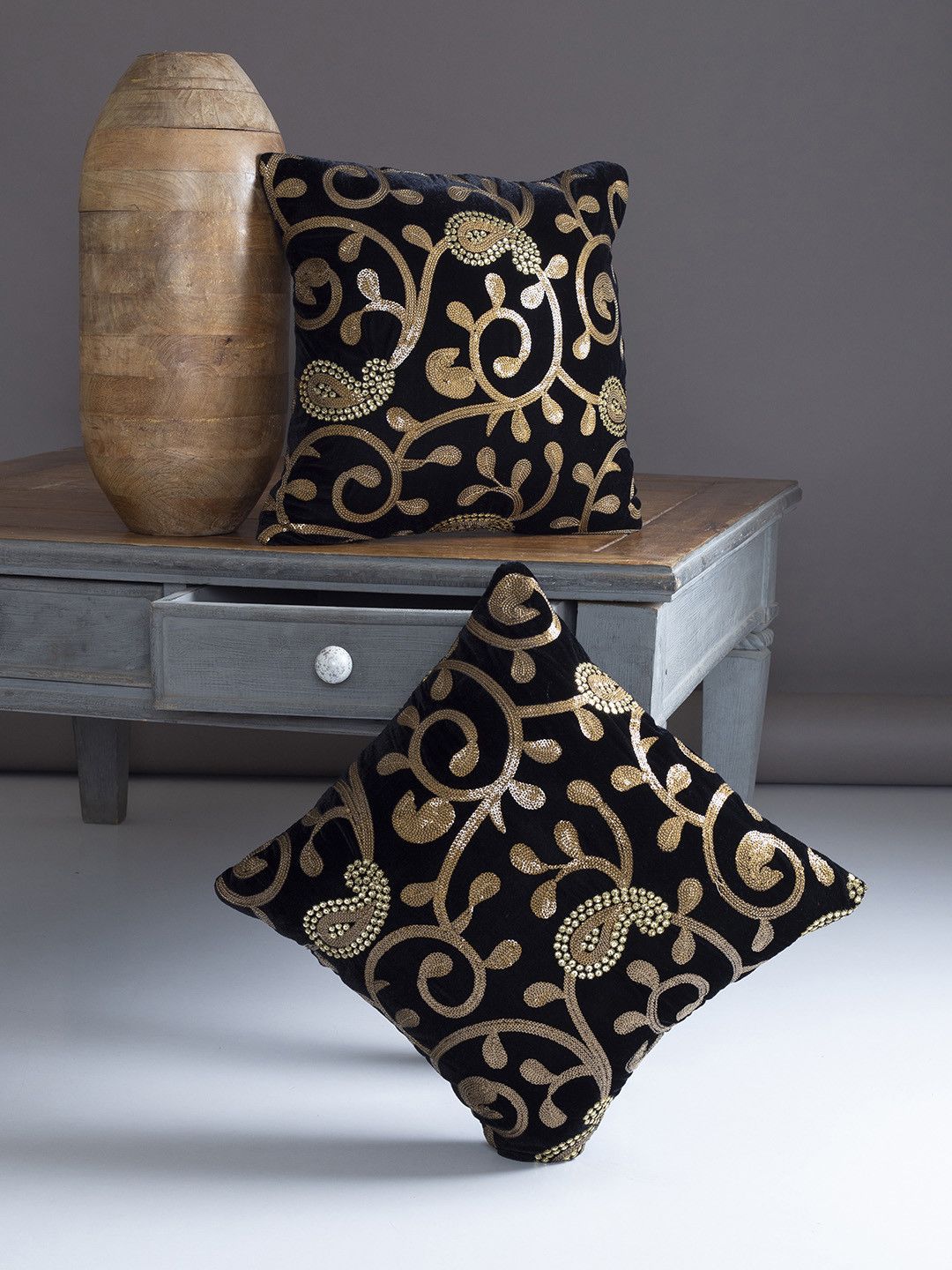 HOSTA HOMES Black & Gold Set of 2 Embellished Square Cushion Covers Price in India