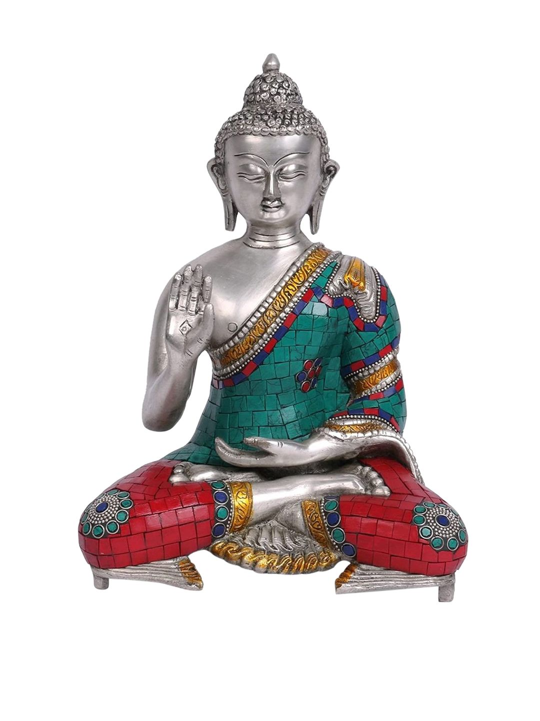 CraftVatika Silver & Green Abhaya Mudra Buddha Brass Showpiece Price in India