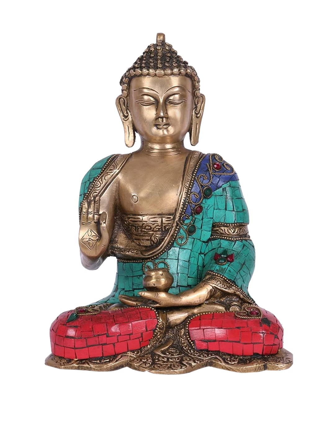 CraftVatika Gold-Toned & Green Brass Blessing Abhaya Buddha Idol Showpiece Price in India