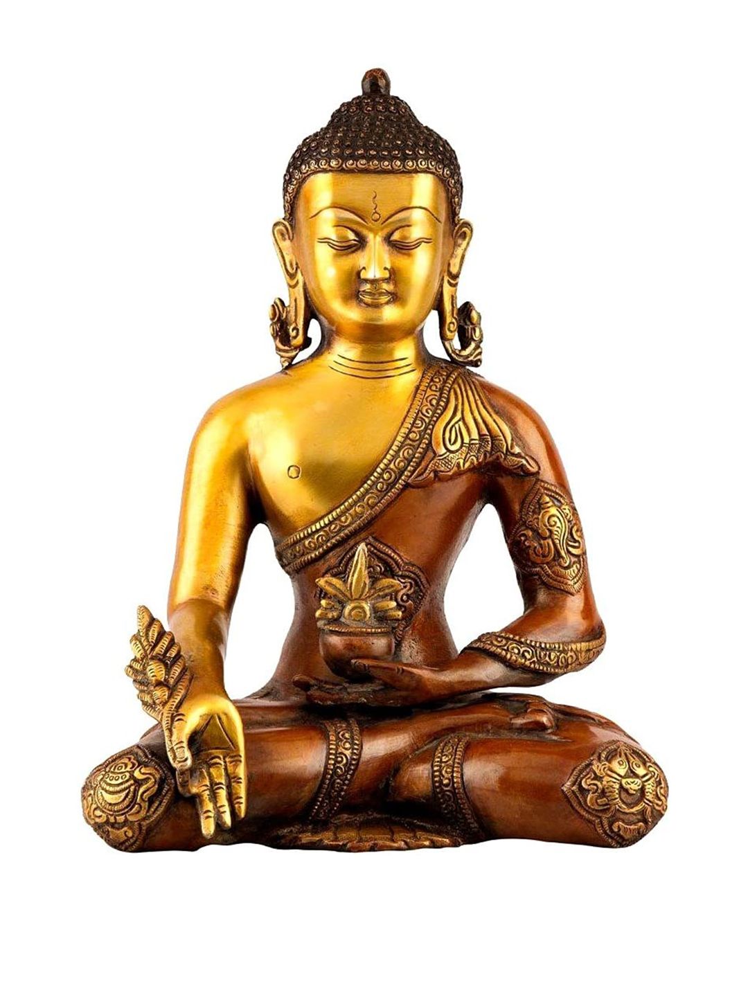 CraftVatika Gold-Toned & Brown Brass Buddha Ashtmangal Statue Showpiece Price in India