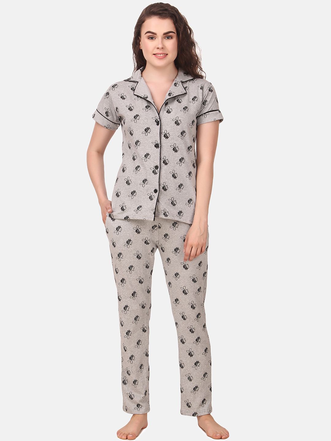 Masha Women Grey & Black Printed Night suit Price in India