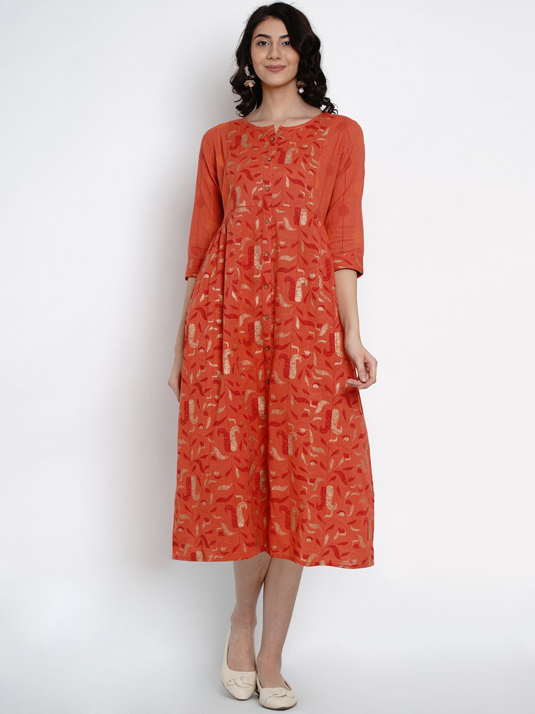 Yuris Women Orange & Gold-Coloured Printed Fit and Flare Dress Price in India