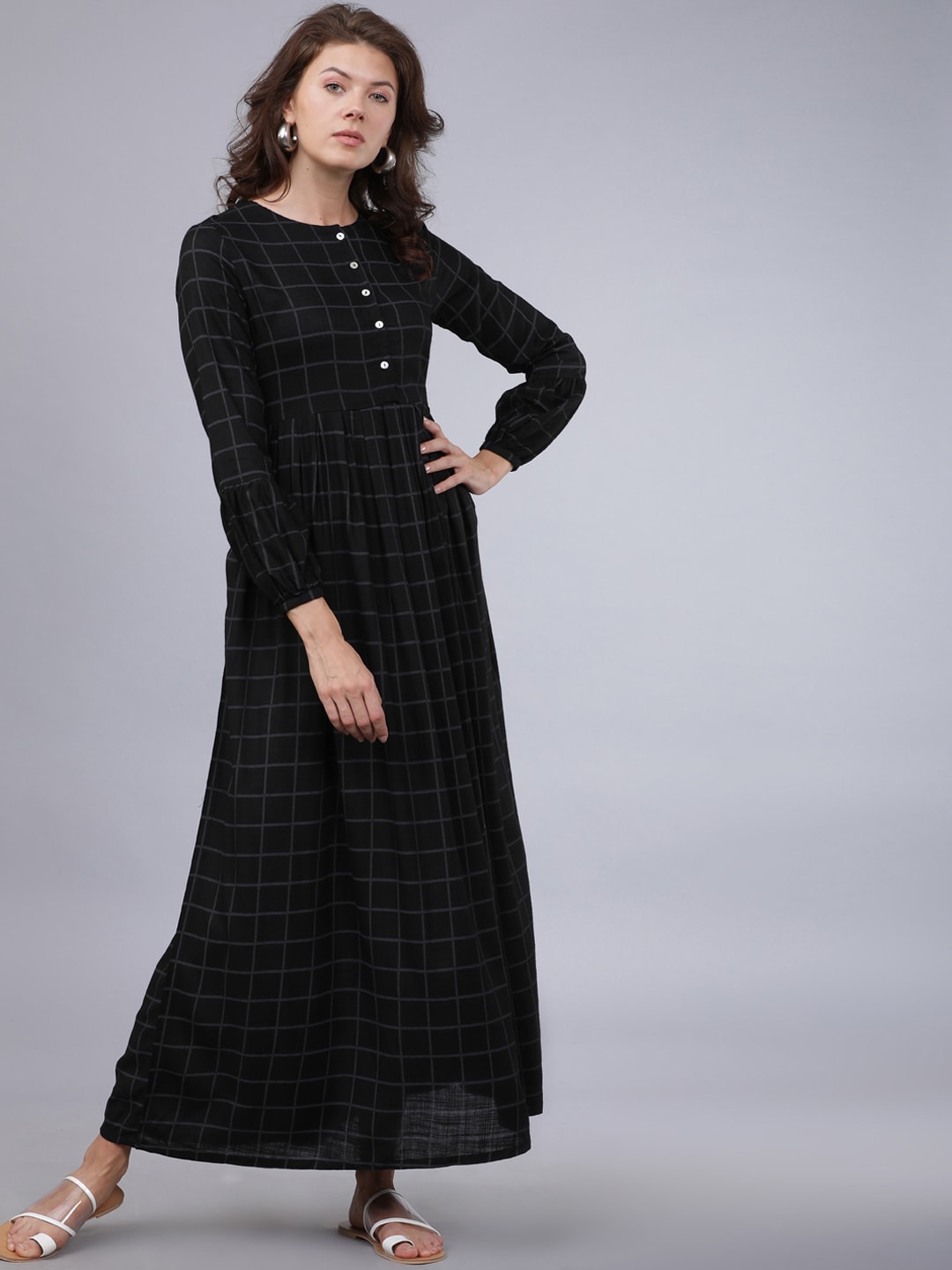 Vishudh Women Black & Grey Checked Maxi Dress Price in India