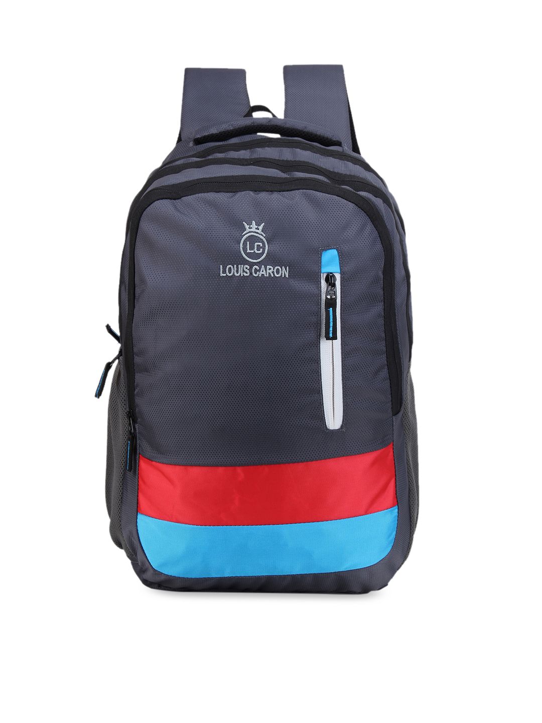 LOUIS CARON Unisex Grey & Blue Brand Logo Backpack Price in India