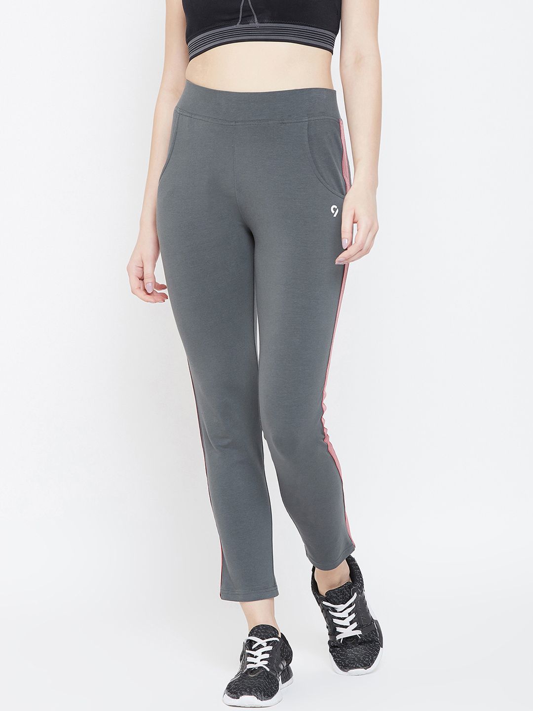 C9 AIRWEAR Women Grey Solid & Red Striped Taped Straight-Fit Slip On Airwear Track Pants Price in India
