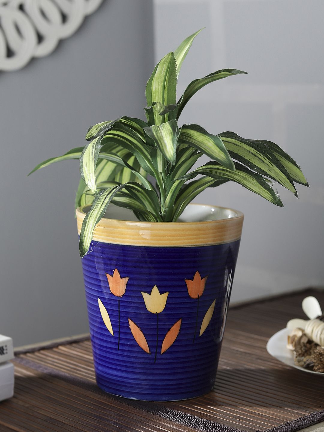 CDI Blue Printed Conical-Shaped Ceramic Planter Pot Price in India