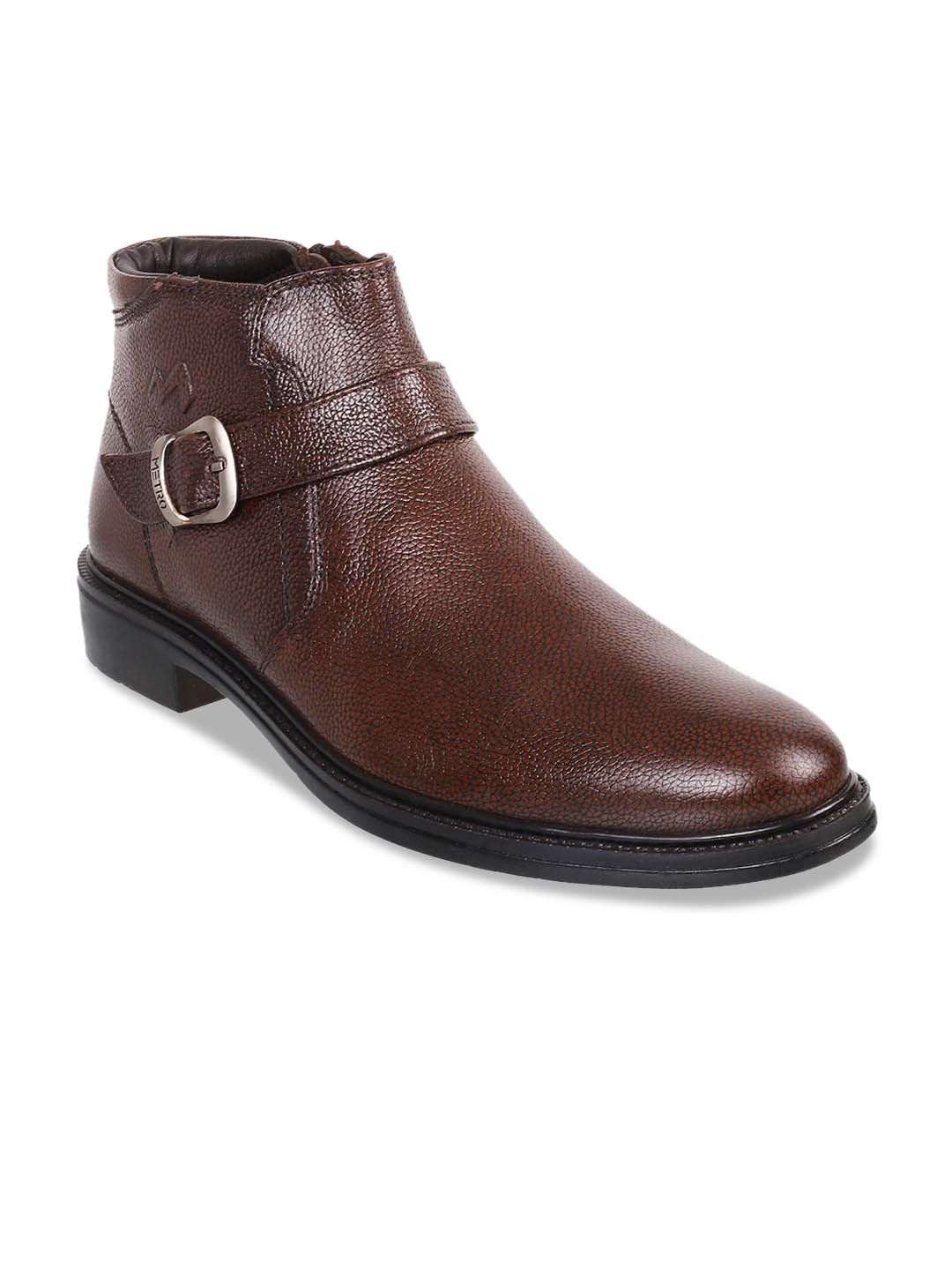 Metro Men Brown Textured Leather High-Top Flat Boots