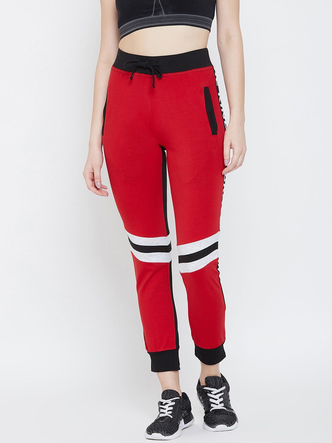 C9 AIRWEAR Women Black & Red Colourblocked Straight-Fit Gym Joggers Price in India