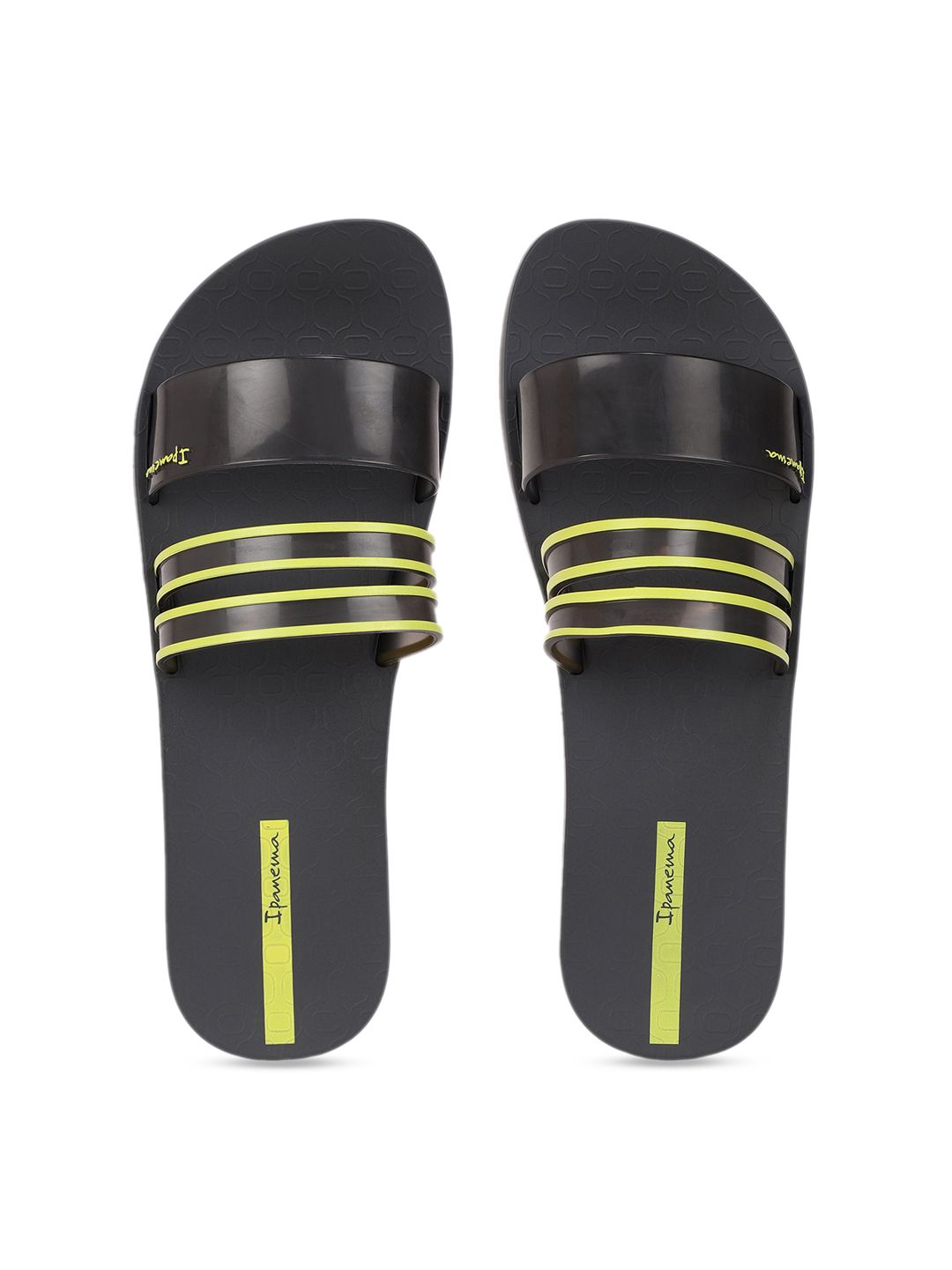 iPanema Women Charcoal Grey & Yellow Printed Sliders Price in India