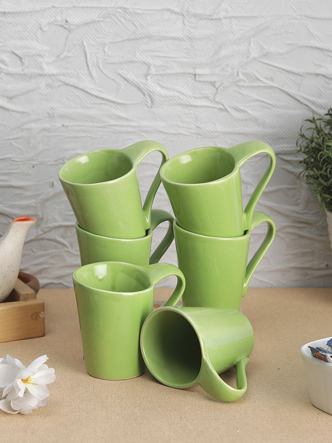 VarEesha Set Of 6 Green Solid Hand-Painted Ceramic Microwave Safe Cups Price in India