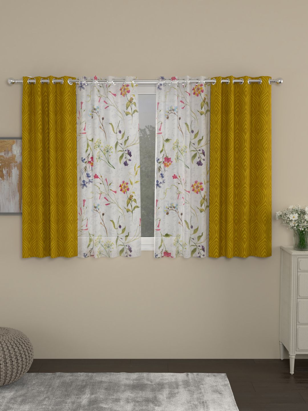ROSARA HOME White & Mustard Yellow Set of 4 Floral Window Curtains Price in India
