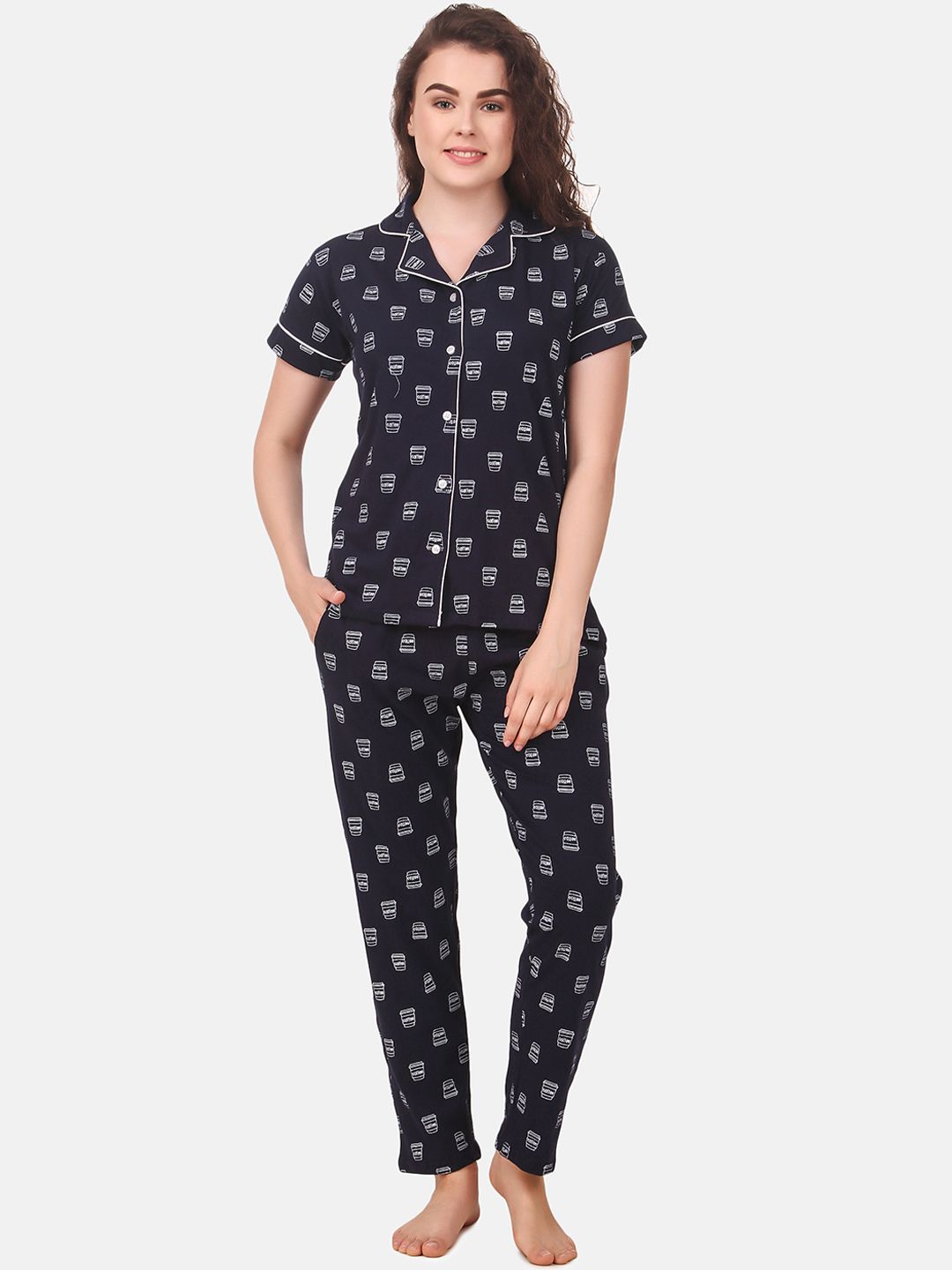 Masha Women Navy Blue Coffee Print Pyjamas Set Price in India