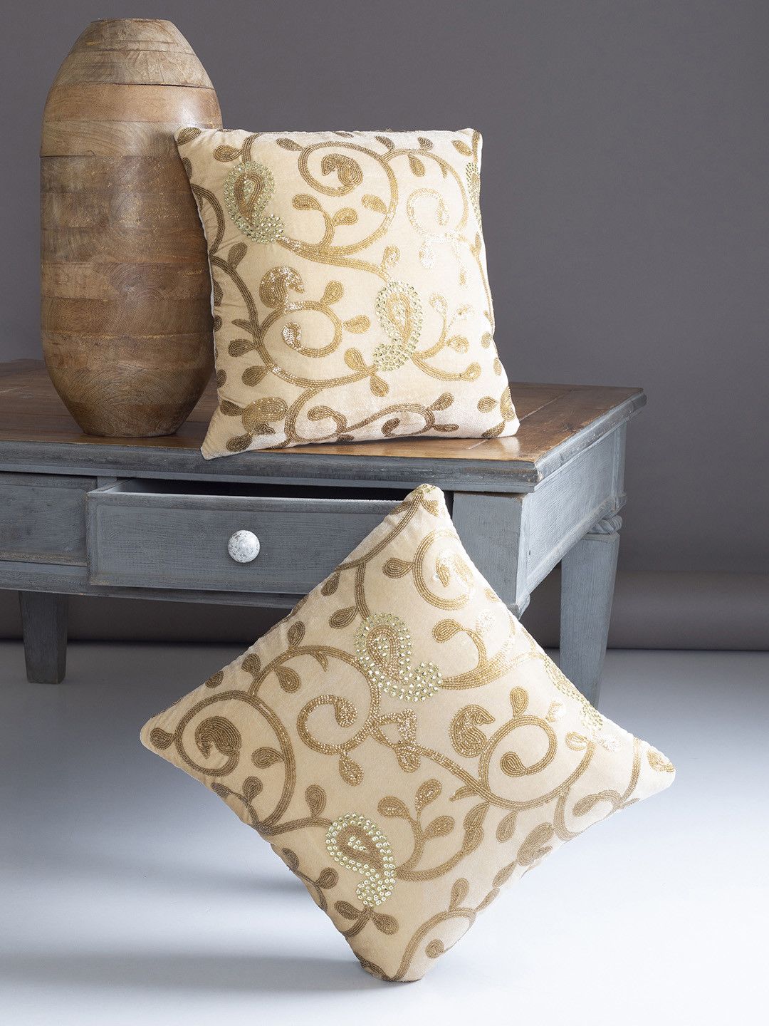 HOSTA HOMES Champagne Set of 2 Embellished Square Cushion Covers Price in India