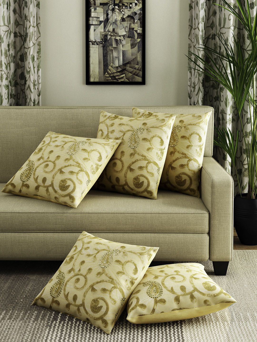 HOSTA HOMES Gold Set of 5 Embellished Square Cushion Cover Price in India