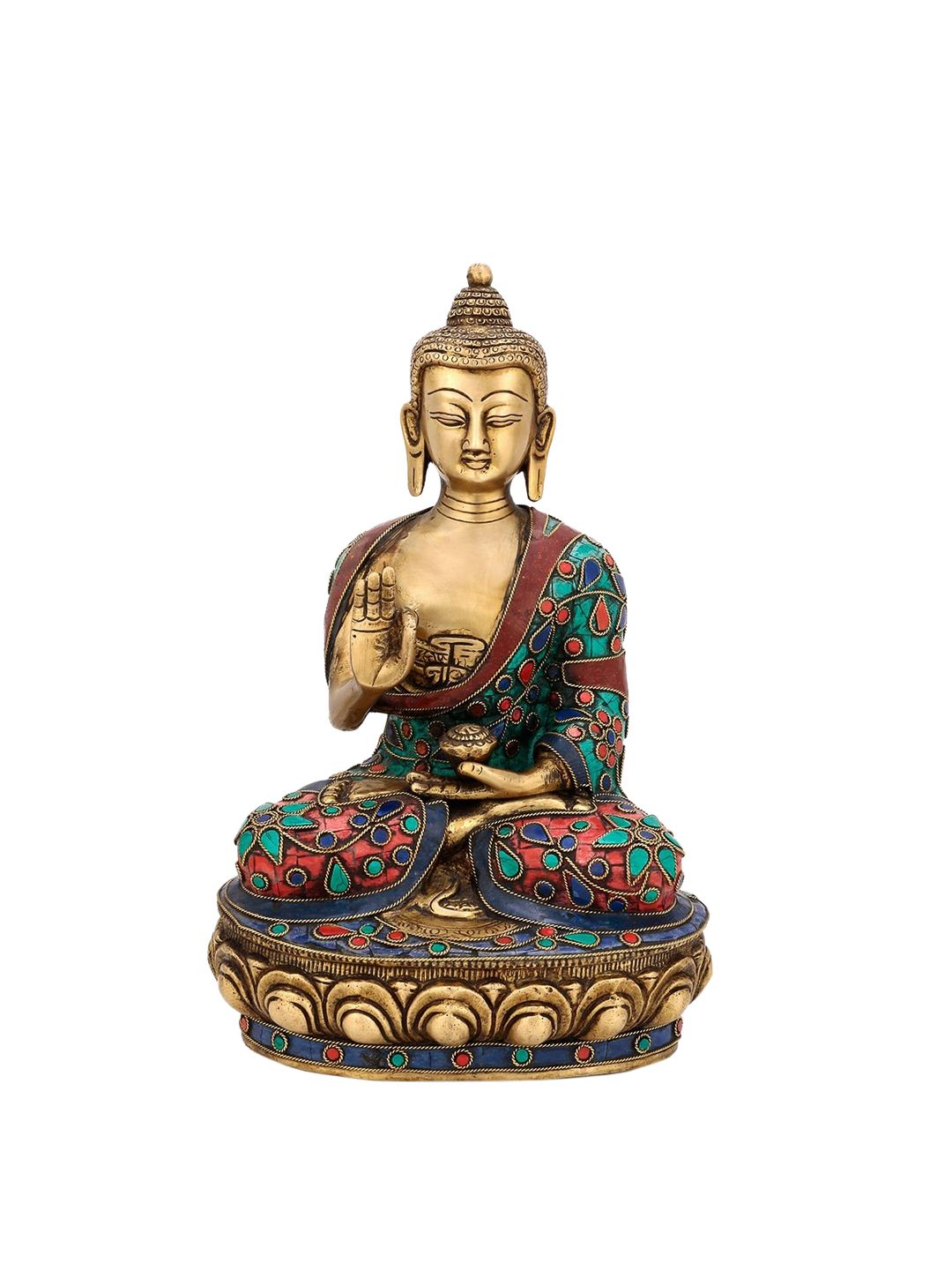 CraftVatika Gold-Toned & Green Thai Buddha Blessing Sitting on Lotus Idol Showpiece Price in India
