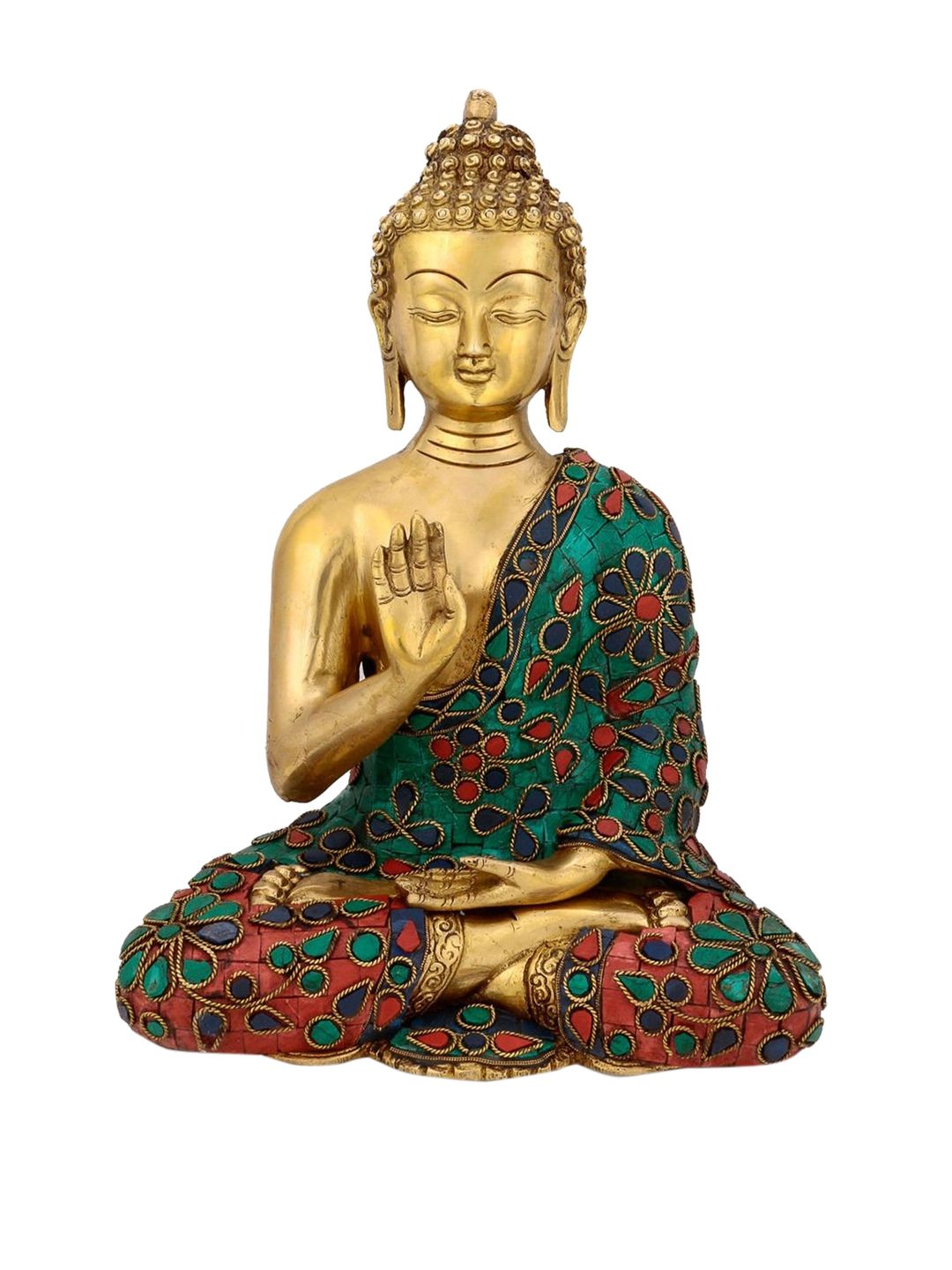 CraftVatika Gold-Toned & Green God Gautam Buddha Blessing Position Brass Statue Showpiece Price in India