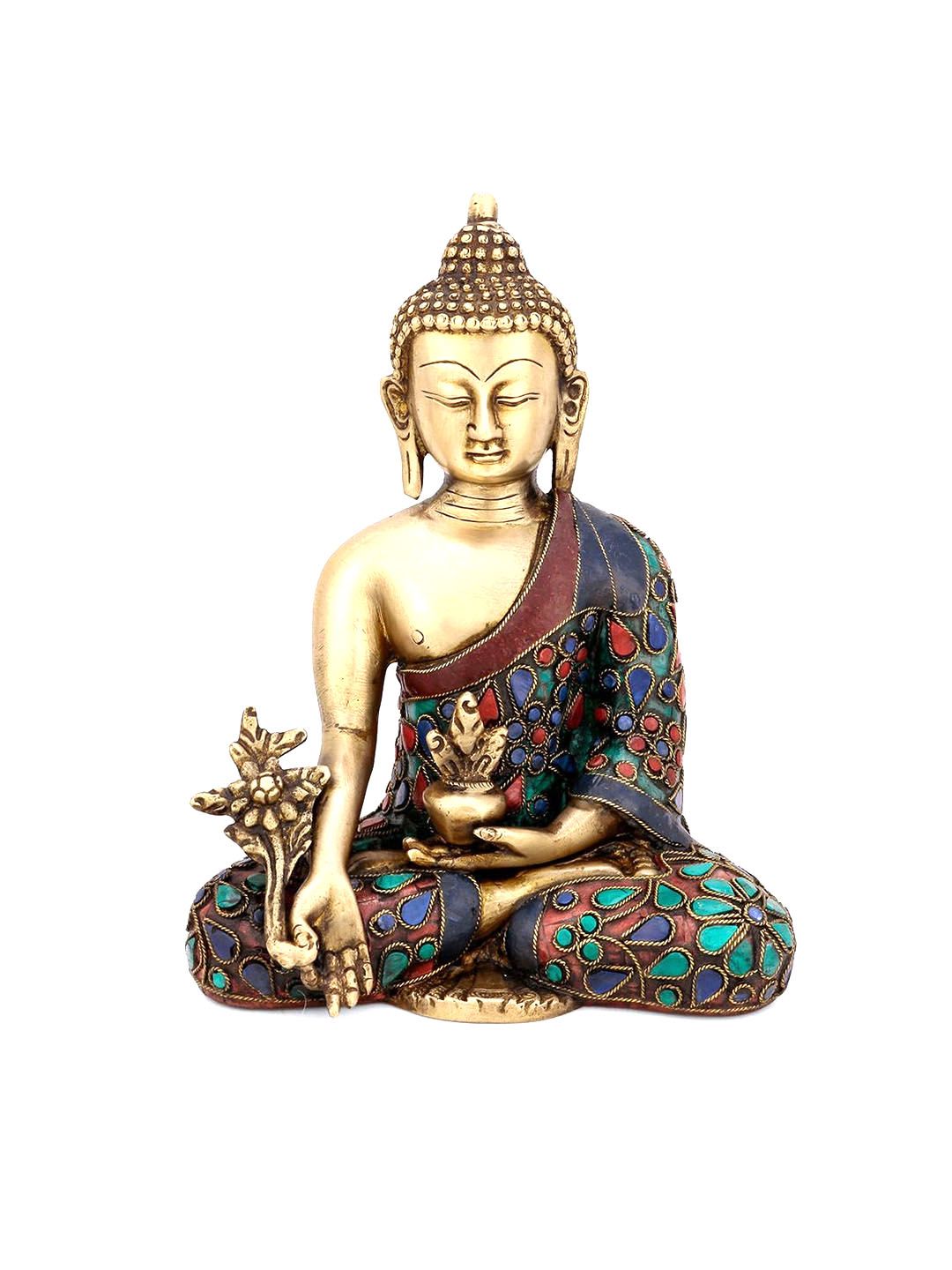 CraftVatika Gold-Toned & Green Tibetan Medicine Buddhism Sculpture Showpiece Price in India