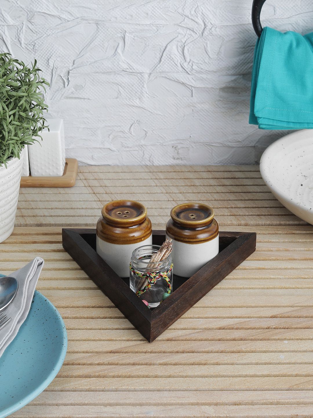 VarEesha White & Brown Ceramic Salt & Pepper Set With Mango Wood Tray Price in India