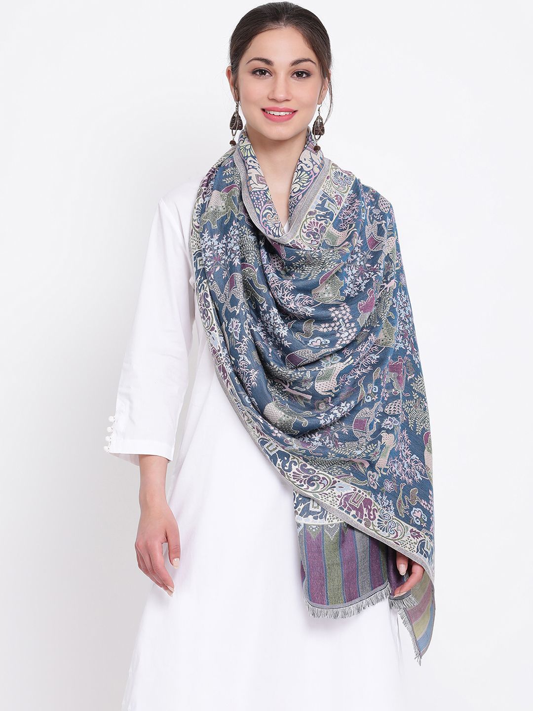 SHINGORA Women Blue & Grey Woven Design Stole Price in India