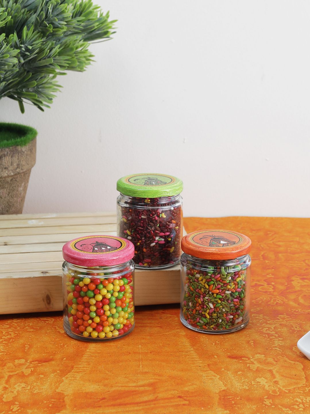 VarEesha Set Of 3 Transparent Glass Jars With Madhubani Hand-Painted Lids Price in India