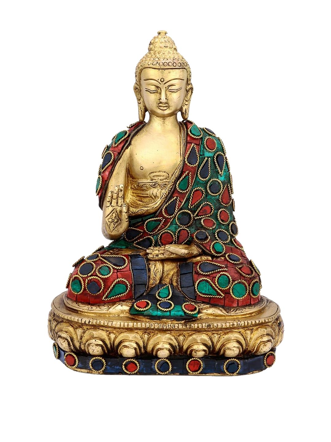 CraftVatika Gold-Toned & Green Tibet Blessing Buddha Brass Statue Showpiece Price in India