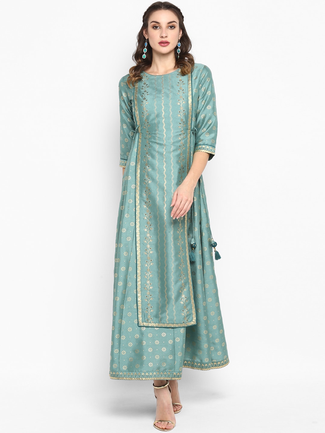 Janasya Women Green & Gold-Toned Printed Maxi Dress