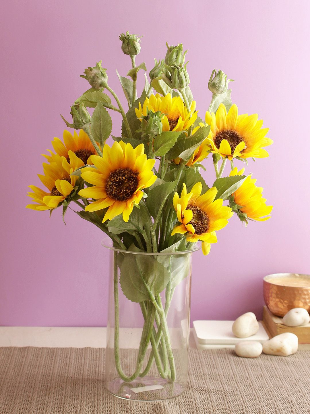 Aapno Rajasthan Set Of 2 Yellow & Green Artificial Soothing Tufted Sunflower Stems Price in India