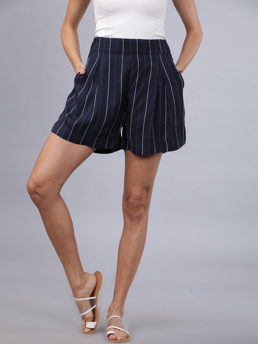 Tokyo Talkies Women Navy Blue & White Striped Regular Shorts Price in India