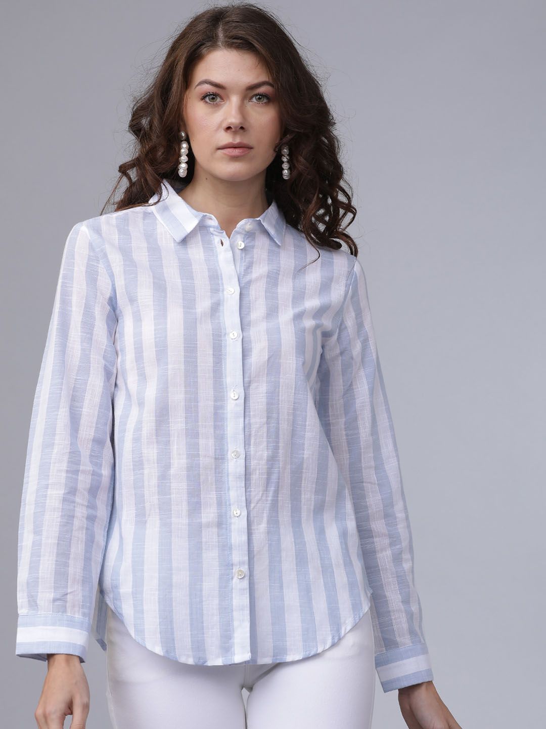 Tokyo Talkies Women Blue & White Striped Regular Fit Casual Shirt