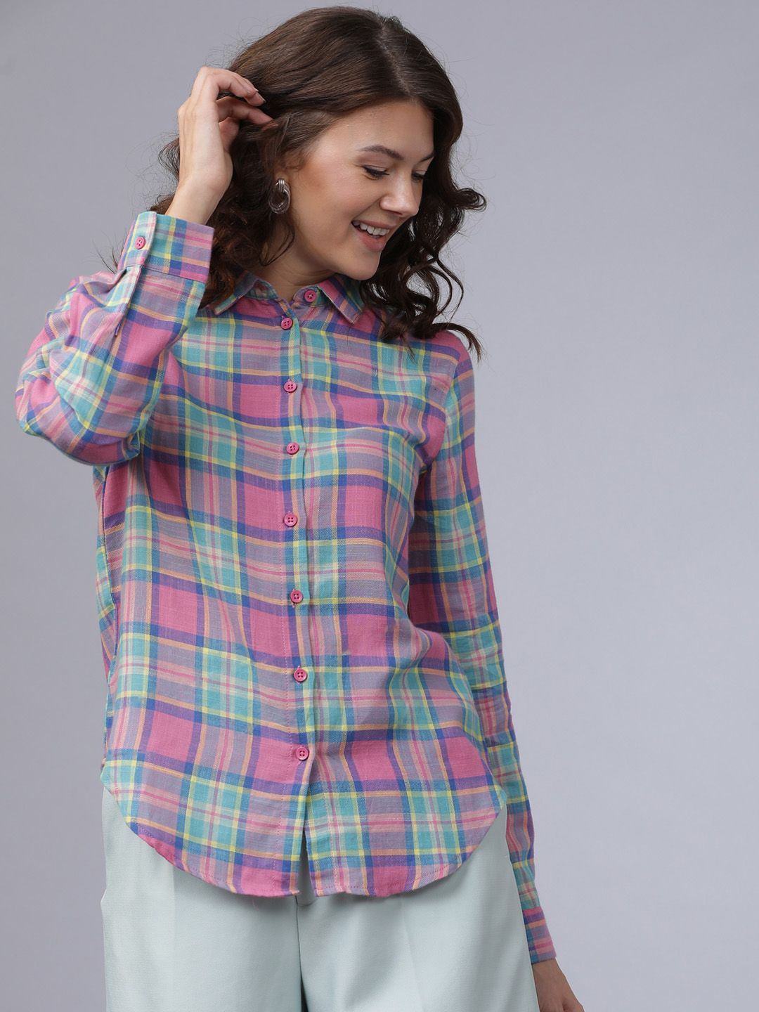 Tokyo Talkies Women Pink & Green Regular Fit Checked Casual Shirt Price in India