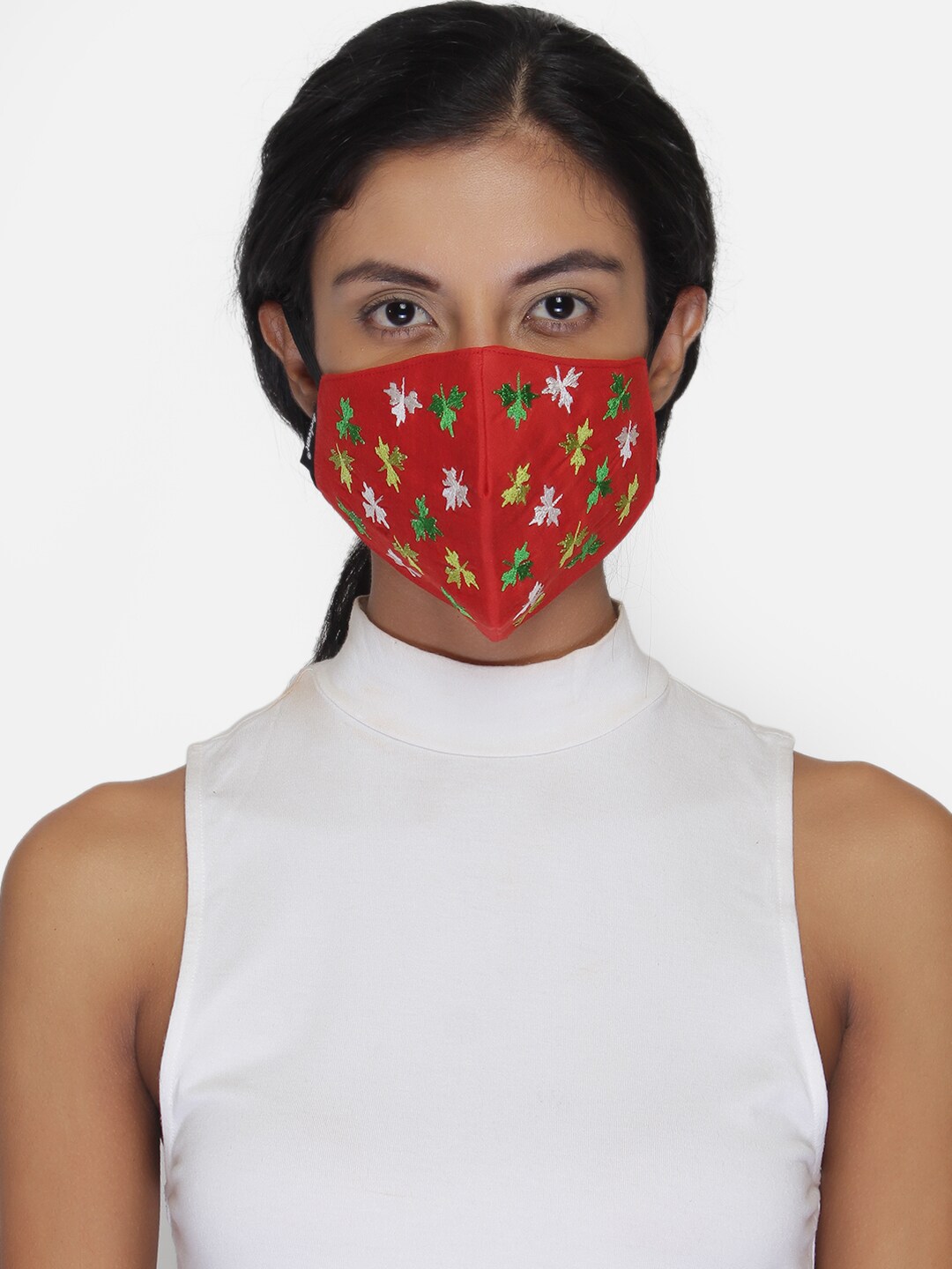Anekaant Women Red 3-Ply Reusable Embroidered Cotton Fabric Fashion Mask Price in India